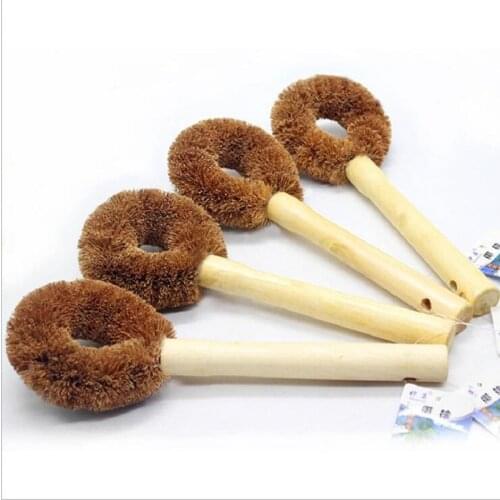 Natural coconut palm pot brush wooden handle oil-free kitchen wood brush pot brush pot artifact long handle brush pot brush