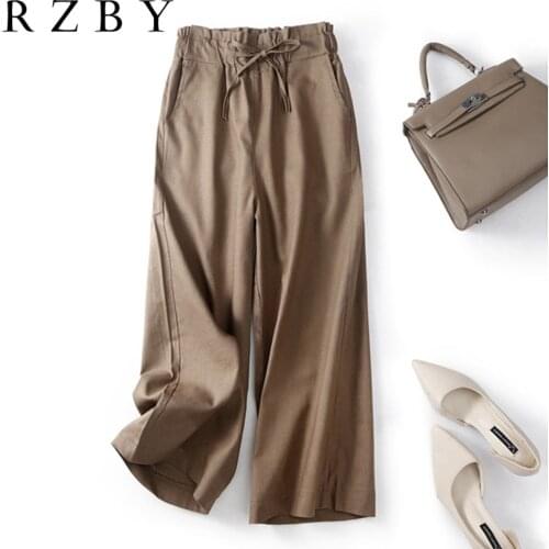 2121 Spring Women Arts Style High Waist Flank Wide Leg Lace-up Trousers Vintage Cotton Linen Ankle-length Loose Pants RZBY360