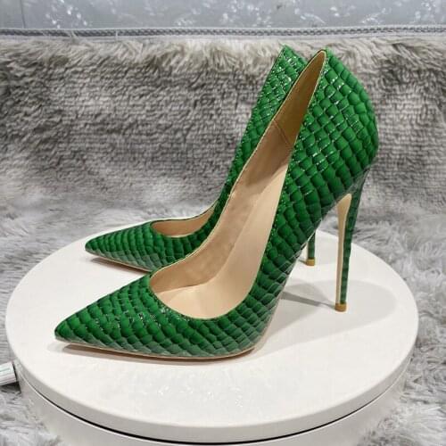 Women green snake pattern shoes pointed toe 12cm 10cm 8cm thin high heels big size concise elegant advanced pumps QP137 ROVICIYA