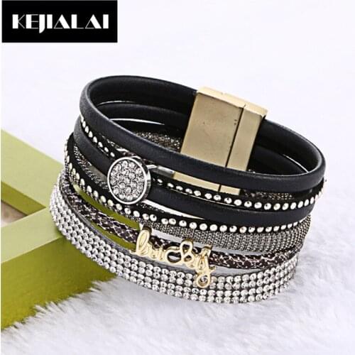 2017 Hot Sale Rhinestone Lucky Letter Multilayer Leather Bracelet Bangle with Wide Magnetic Wristband Women Jewelry Crystal Bead