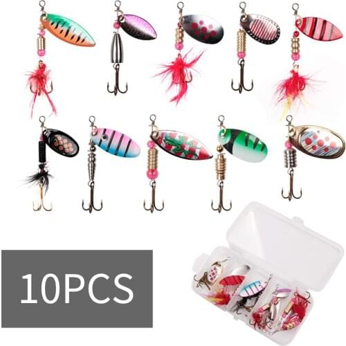 10pcs/set Metal Fishing Lure Spoon Lure with Plastic Spoonbait Hard Baits Wobbler with Free Box Treble Hooks Fish Tackle