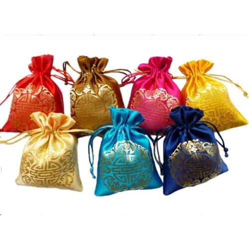 Cheap Happy Small Drawstring Jewelry Pouch Chinese style Silk brocade Wedding Party Candy Favor Bag Gift packaging Bags 100pcs/l