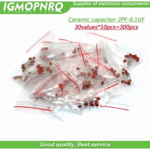30 valuesX10pcs=300pcs Ceramic capacitor 2PF-0.1UF 2PF 3PF 680PF 1NF 1.5NF 68NF 100NF 0.1UF ETC component diy samples kit