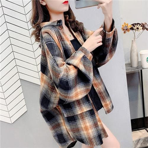 Blouse Women Shirt Winter Woolen Plaid Overshirt Womens Clothing Loose Retro Shirt Coat Women Blusas Ropa De Mujer