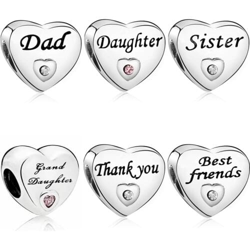 Fit Original Pandora Charms Bracelet Women Letter Sister Daughter Dad Heart Beads for Jewelry Making Kids Love Fathers Day Gift