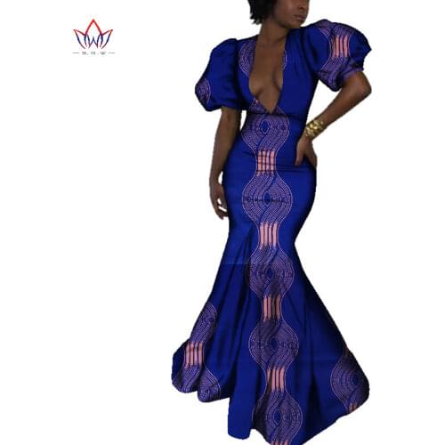 BRW New Women Summer Dress African Fabric Print Dresses One-Shoulder Short Sleeve Mermaid Dress Maxi Dress Unique Design WY2489