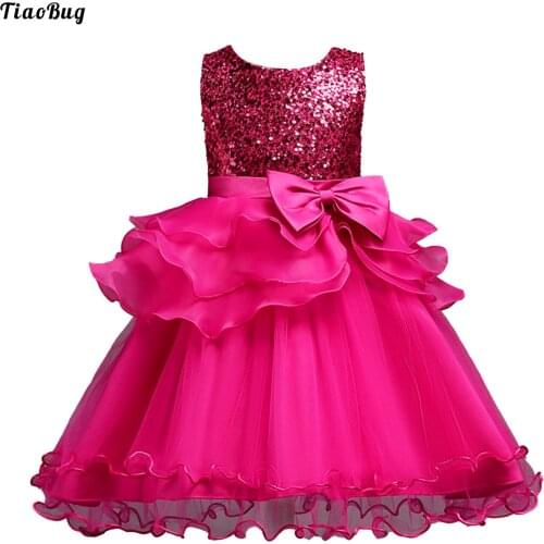 TiaoBug Kid Girls Sequins Ruffle Party Dress Round Neck Sleeveless Bowknot Tulle Princess Wedding Birthday Party Costume Clothes