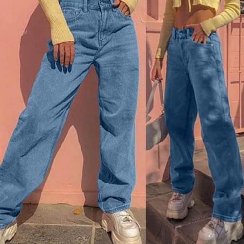 Y2k Jeans Women High Waist Loose Pocket Blue Solid Color Print Wide Leg Pants Loose Retro Fashion Retro Everyday Jeans Pants