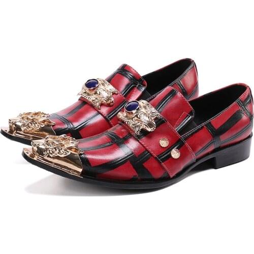 Italian Style Mens Shoes Red Genuine Leather Dress Shoes Fashion Pointed Iron Toe Slip on Party & Wedding Shoes for Men