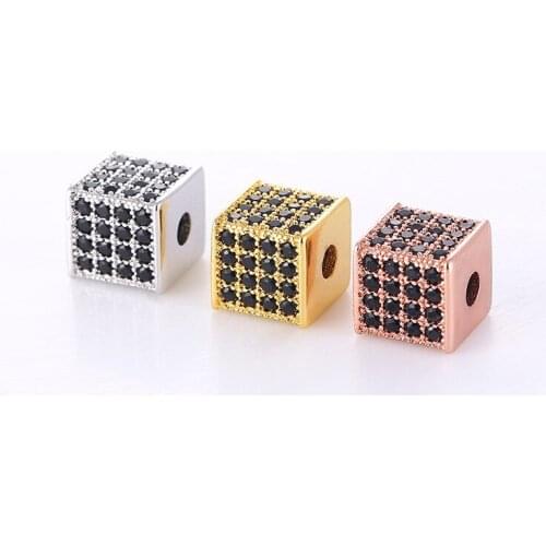 Square Black Rhinestone European Style Charm Beads Micro Pave Metal Crystal Spacer Bead For Bracelet DIY Original Jewelry Making