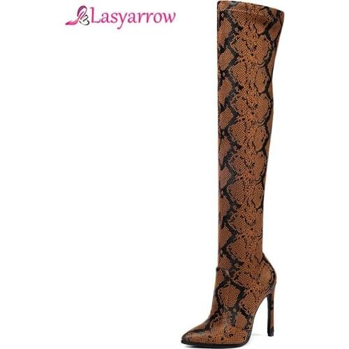 Lasyarrow Thigh High Boots Sexy Over the Knee Boots for Women Shoes Snakeskin Pointed Toe Thin High Heels Long Boots Femme J1127