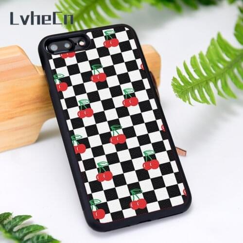 LvheCn Silicone Rubber Phone Case Cover for iPhone 6 6S 7 8 Plus X XS XR 11 12 Mini Pro Max Checkers And Cherries