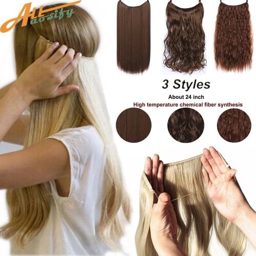 24" Wavy Hair Extensions Invisible Synthetic Natural Hidden Secret Wire Crown Hair Piece No Clips Hair Extensions 3 Styles