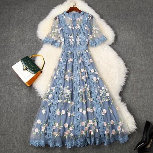 Dress grace summer Women 2021 new superior quality Lace mesh girl dress womanliness flower Short sleeve embroidery party dresses