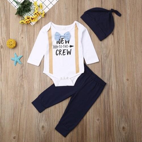 Pudcoco Newborn Baby Boy Clothes Letter Print Bow Tie Long Sleeve Romper Solid Color Long Pants Hat 3Pcs Outfits 0-18M Baby