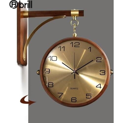 Luxury Double Sided Wall Clock Metal Silent Rotating Solid Wood Watch Large Wall Clock Living Room Vintage Fashion Design Decor