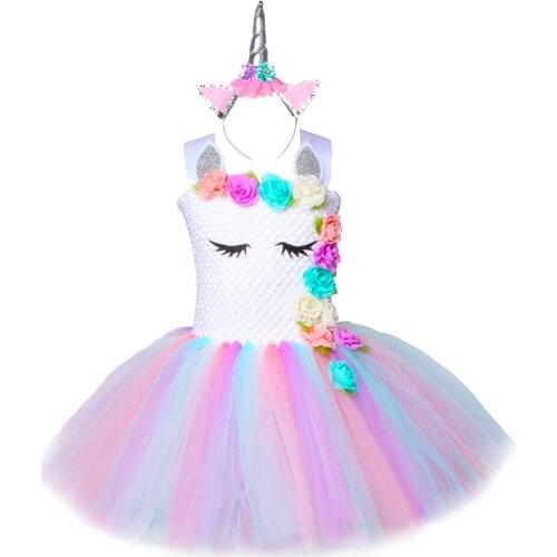 Sliver Pastel Girl Unicorn Birthday Party Tutu Dress With Matching Headband Flowers Girls Pony Unicorn Theme Halloween Costume