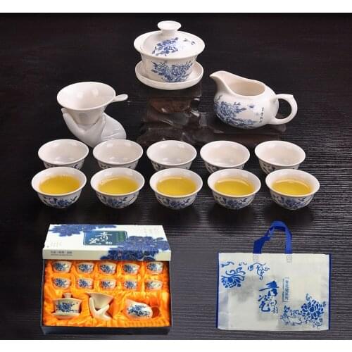 Dehua white porcelain Kung Fu tea set set jade porcelain blue and white cover bowl custom tea set