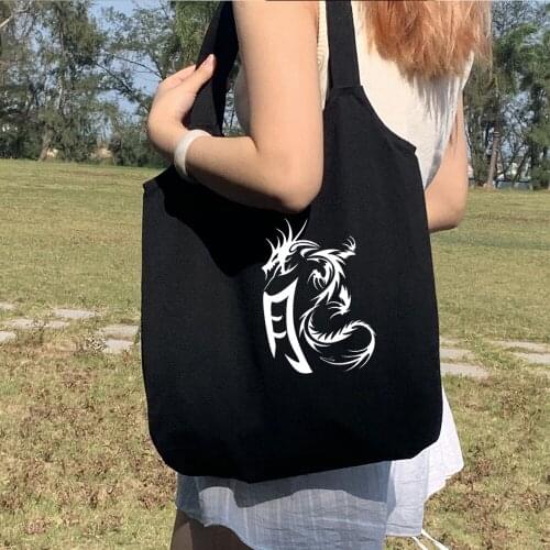 Women Canvas Shoulder Bags Dragon 90s Ulzzang Printing Shopping Bag Girls Harajuku Funny Cotton Cloth Handbags Tote Reusable Men