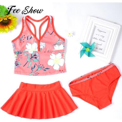 3PCS Kids Girls Tankini Swimming Suit Quick Dry Digital Printed Swimsuit Swimwear Bathing Suit Set Swim Tops with Bottoms Skirts