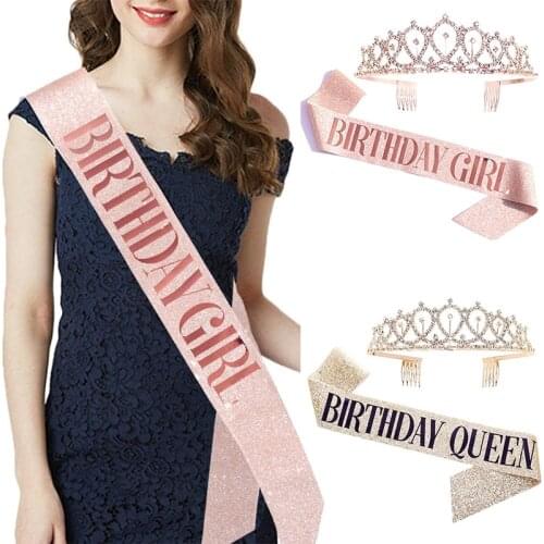 Birthday Queen Crown Girl Women Bling Rhinestone Crystal Birthday Decoration 21 30 40 50th Satin Sashes Anniversary Supplies