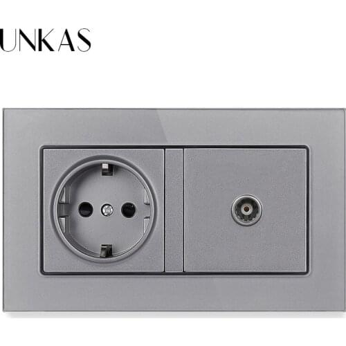 UNKAS Tempered Crystal Glass Panel 16A EU Standard Wall Power Socket + TV Televtion Connector Jack 146MM*86MM 2 Gang Outlet