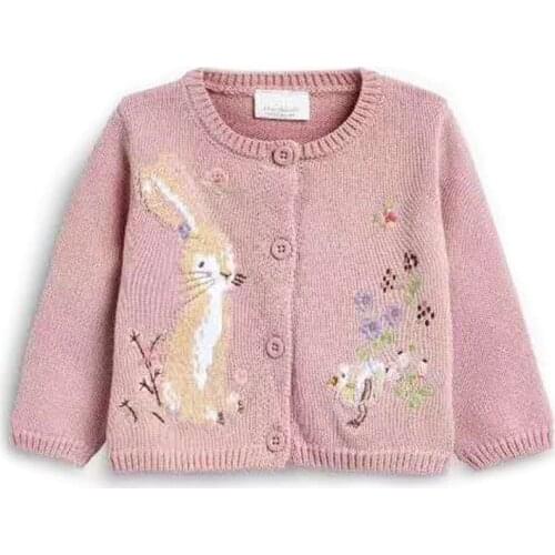 Baby Girls Cotton Knitted Cardigan Pink Color Cartoon Rabbit Embroidery Spring Autumn Sweater Kids Outerwear Top