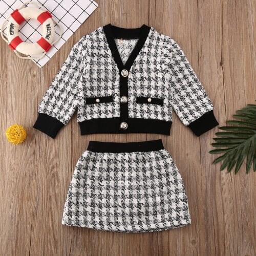 2Pcs Kids Baby Girls Clothes Vingate Elegant Plaid Outfits V-Neck Coats Mini Skirts Children Girl Autumn Winter Formal Outfits