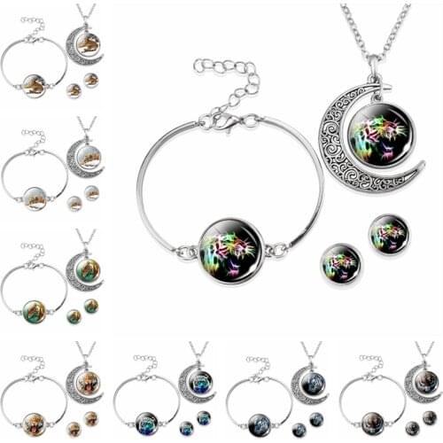Animal Tigers Jewelry Set Silver Color Necklace & Earrings & Bracelet Jewelry Glass cabochon Women Set Lover Girlfriend Gift