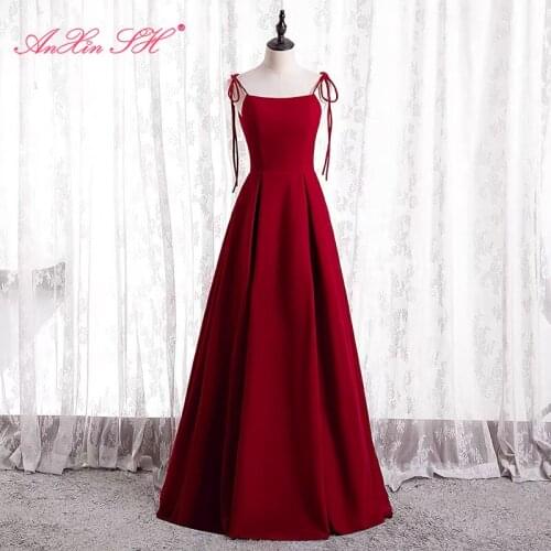 AnXin SH princess wine red satin evening dress french retro vintage party spaghetti strap sleeveless bow zipper evening dress