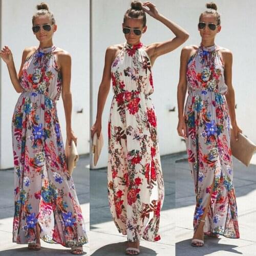 Women Summer Halter Floral Dress Casual Boho Style High Waist Long Holiday Party Sleeveless Loose Dress Clothes