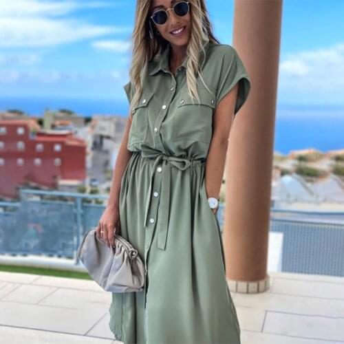 Europe and the United States explosive dress summer new femininity short sleeve lapel solid color single-breasted belt dress