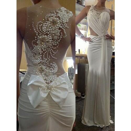 Robe de mariage Ensotek Sheer Neck Beaded Pearls Back Sheath Wedding Dresses Elegant Bridal Gowns vestido de noiva Customized