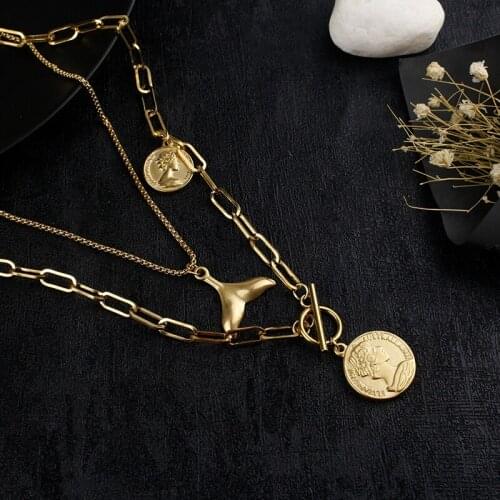 Vintage Multi-layer Coin Chain Choker Necklace For Women Gold SilverMermaid Fashion Portrait Chunky Chain Necklaces Jewelry