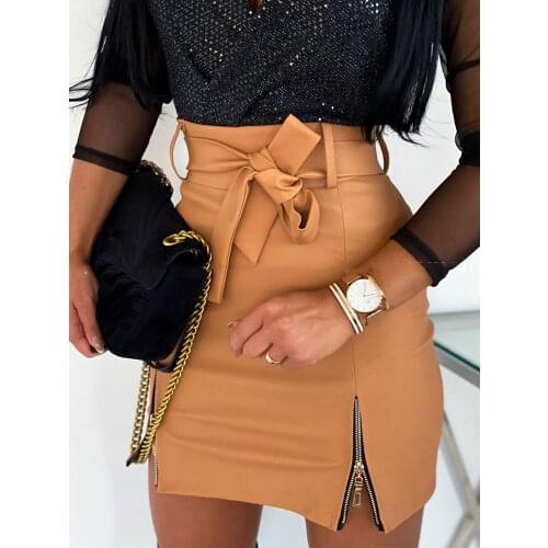 2020 Fashion Womens Mini Skirts High Waist Bodycon Pencil Cross Skirt Bandage Sexy Clubwear White Pink Khaki S-XL
