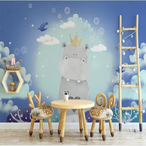 Milofi custom 3D wallpaper mural simple hand-painted cartoon hippo childrens room background wall decoration painting wallpaper