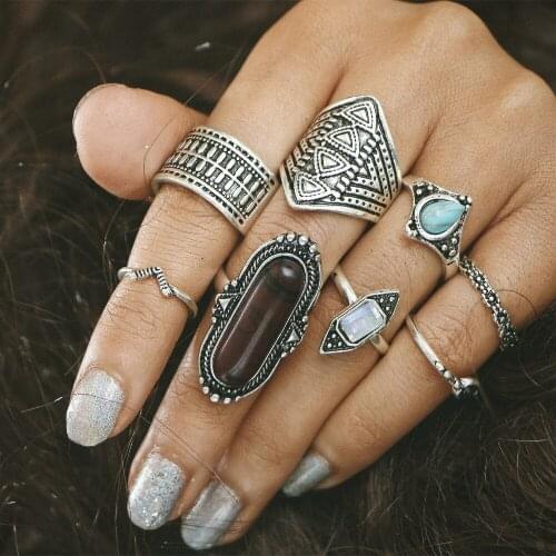 Crystal Midi Ring Sets Antique Gold Silver Color Carve Flower Knuckle Finger Rings For Women Blue Stone Triangle Jewelry 8Pcs