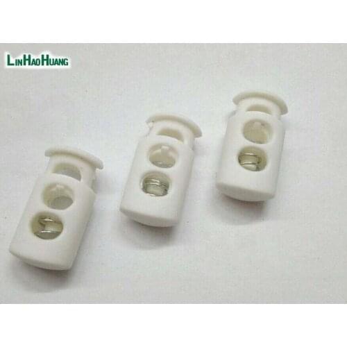 50 pcs / Lot Cord lock 2 Hole Cylindrical shape Bean toggles Stopper Spring Adjuster Fastener white color Free Shipping