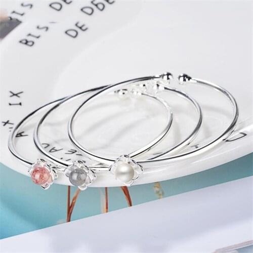 Lotus Bracelets Women Sweet Pink Peach Strawberry 925 Sterling Silver Jewelry Flower Moonstone Crystal Pearl Bangles SB151