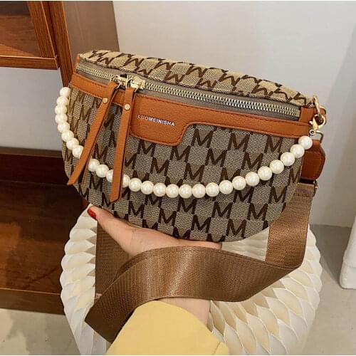 Pearl Chain Design Waist Bag Letter Canvas Fanny Pack Waist Belt Bag for Women 2021 Shoulder Crossbody Chest Purses and Handbags