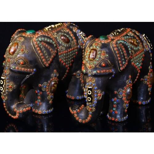 9" Nepal Buddhism Natural meteorite Filigree mosaic Gem Dzi Bead Elephant statue A pair Town House Ward off evil spirits