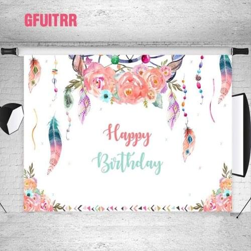 GFUITRR Colorful Flowers Feather Photo Backgrounds Happy Birthday Photography Backdrops Custom Party Decor Banners Photo Props