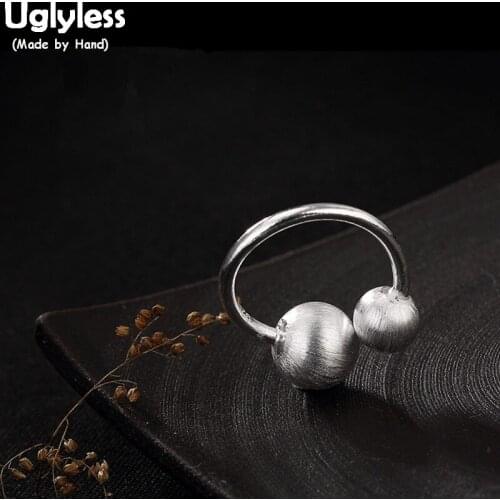 Uglyless S 925 Sterling Silver Handmade Brushed Women Cute Asymmetric Balls Finger Rings Korean Simple Opening Ring Fine Jewelry