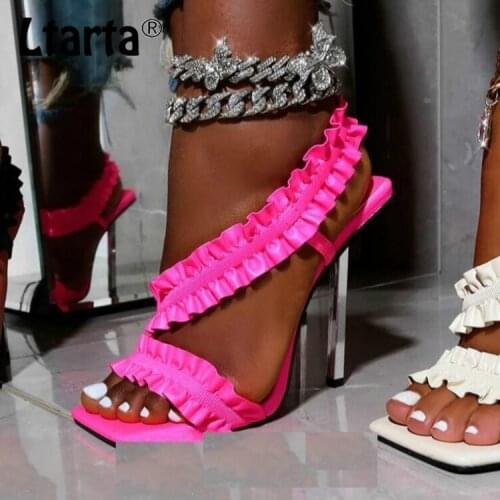 LTARTA Sandals for Women Fashion Pleated Ruffled Stiletto Sandals Square Toe Open Toe High Heels Banquet Womens Shoes JXQ