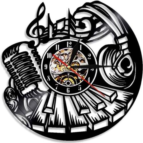 Microphone Headphone Piano Keys Music Instruments Vinyl Record Wall Clock Rock and Roll Wall Art Gramophone Record Clock Watch