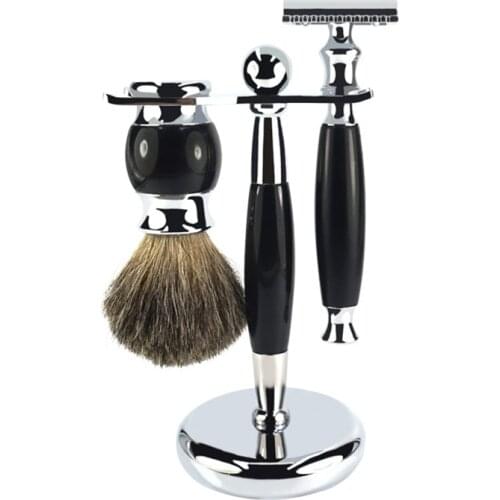 Mens Shaving Brush Set, 3 in 1 Badger Hair Beard Brush Shaving Brush with Chrome Plated Metal Stand and Manual Razor