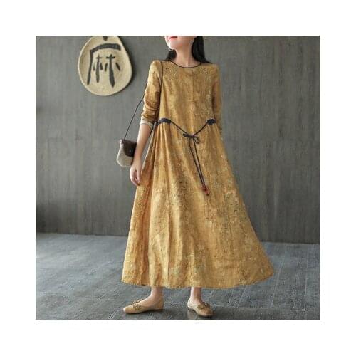 Spring Summer Cotton Linen Fashion Retro Floral Print O-neck Long Sleeve Dress 2021 New Simple Comfortable Women Dress MT21