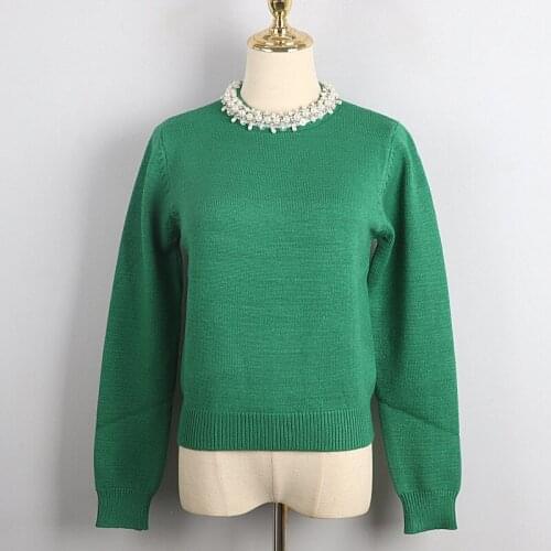 Pullover O-Neck Sweater Slim Pearl Beaded Knitwear Fashion Commuter Sweater 2021 Ladies Spring Pullover Green Sweater