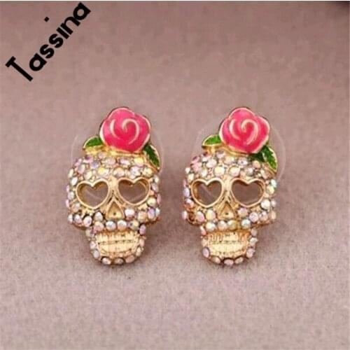 Tassina New Fashion Roses Flower Earring Skull Head Color Crystal Skull Skeleton Stud Earrings For Women Jewelry DXE-097