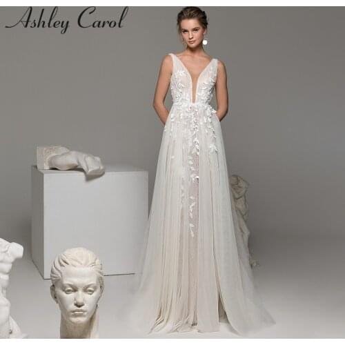 Ashley Carol A-Line Wedding Dress 2021 Boho V-neck Beaded Illusion Lace Appliques Sleeveless Beach Bridal Gown Vestido De Noiva
